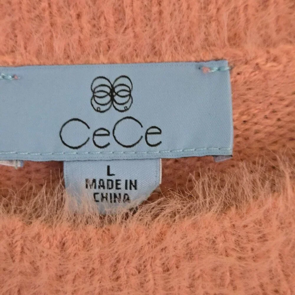 Cece Pink Eyelash Fuzzy Knit Puff Short Sleeve Round Neck Sweater Size L